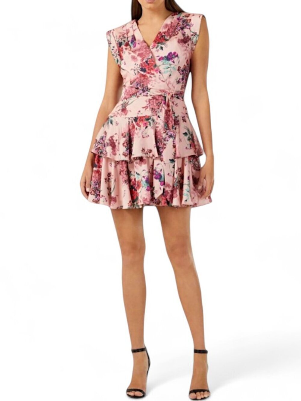 BCBGMaxazria Luna Ruffled Skirt Dress Floral Apricot Blush Pink V-Neck NWT New 2